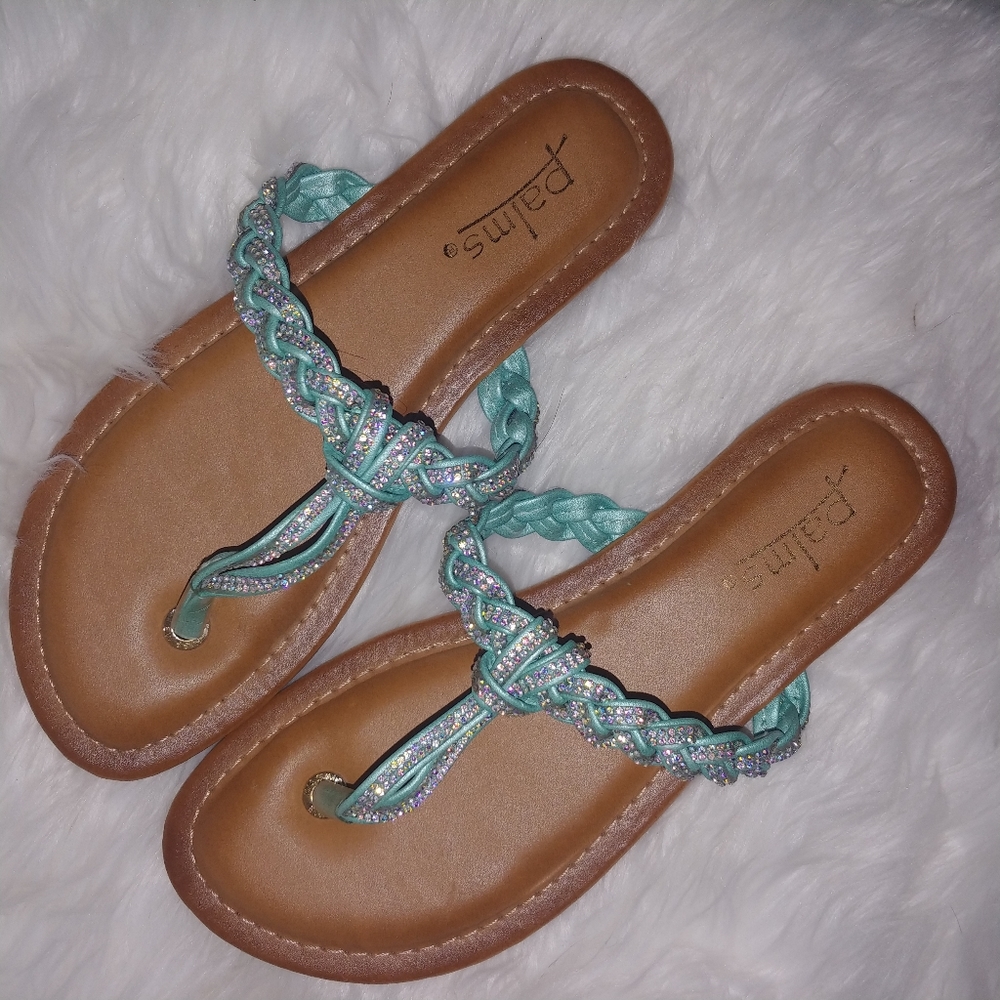 Palms rhinestone teal turquoise sandals size 7